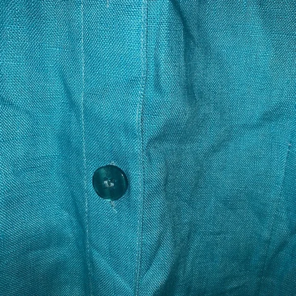 Choices woman 1X linen collared blouse blue full button flutter sleeve - Picture 4 of 8